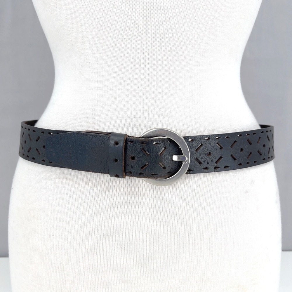 Womens S Leather Belt Black Tooled Laser Cut Geometric Western Boho Artisal